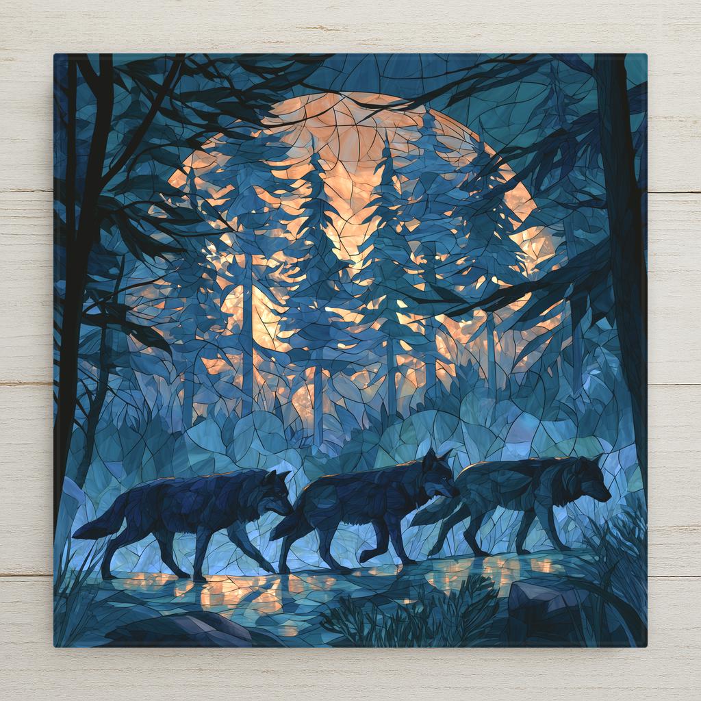 Stained glass style ceramic tile of three wolves walking single file through a mosaic forest at night, giant amber full moon glowing behind the pines