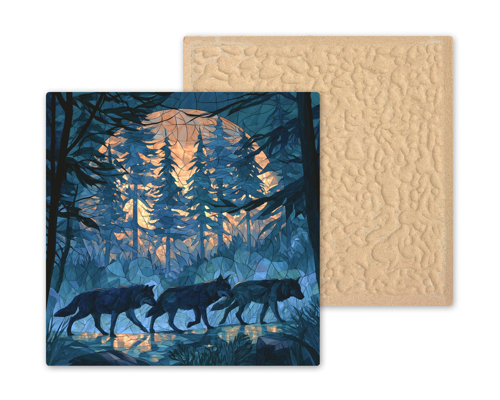 Wolf Pack Ceramic Tile Wall Art Stained Glass Style Full Moon Forest Wolves Wildlife Decor Wolf Lover Gift