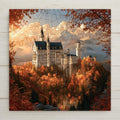 Stained glass style ceramic art tile of Neuschwanstein Castle surrounded by brilliant autumn forest in orange and gold glass panes, snow-capped Bavarian Alps glowing behind its white towers.