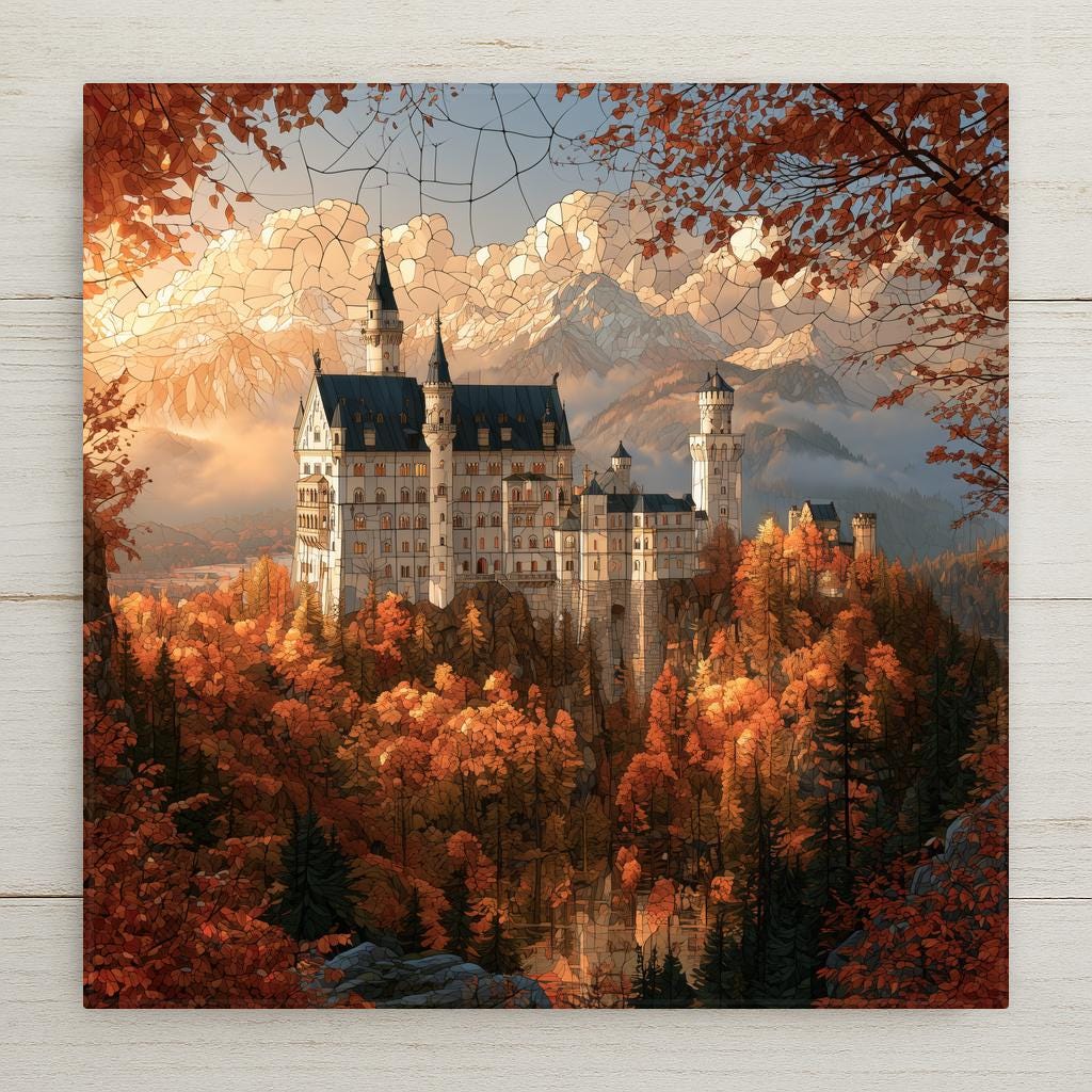 Stained glass style ceramic art tile of Neuschwanstein Castle surrounded by brilliant autumn forest in orange and gold glass panes, snow-capped Bavarian Alps glowing behind its white towers.