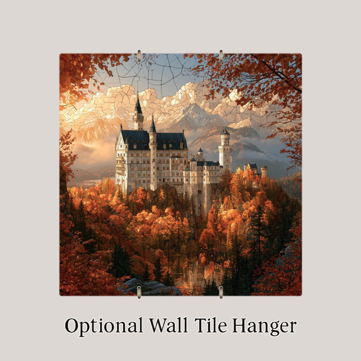 Neuschwanstein Castle Stained Glass Style Ceramic Art Tile – Bavarian Alps Autumn Wall Decor, Germany Traveler