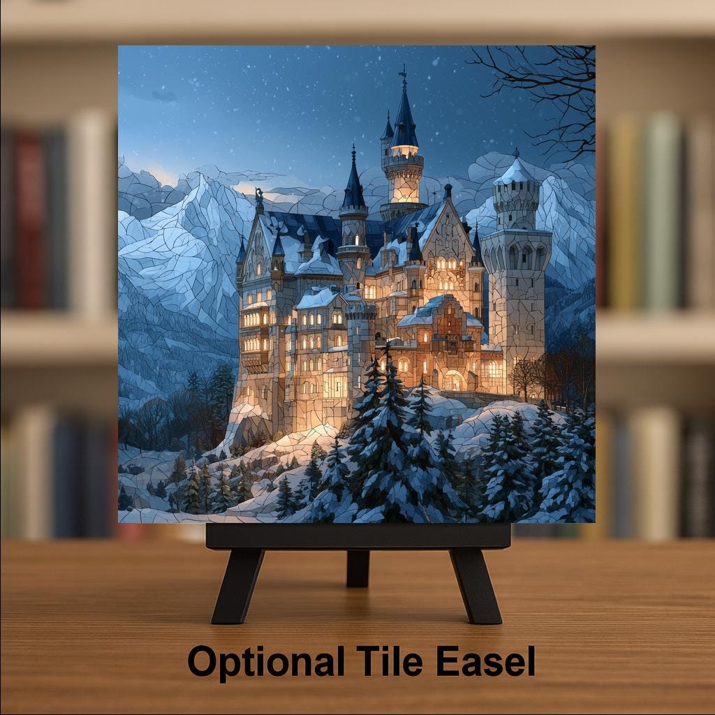 Neuschwanstein Castle Stained Glass Style Ceramic Art Tile – Snowy Winter Night Wall Decor, Fairytale Lover