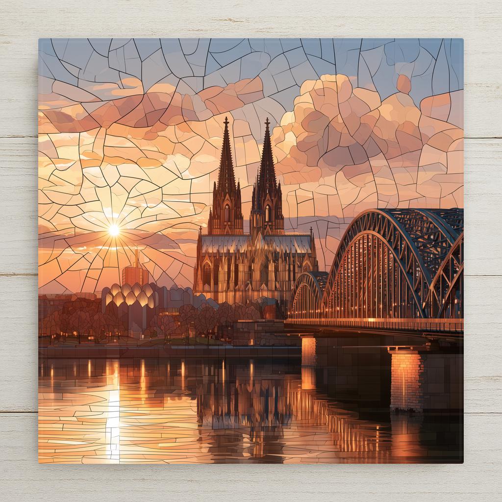 Stained glass style ceramic art tile of Cologne Cathedral's twin gothic spires at sunset with the Hohenzollern Bridge over the Rhine, rose and gold glass sky reflected in the river below.