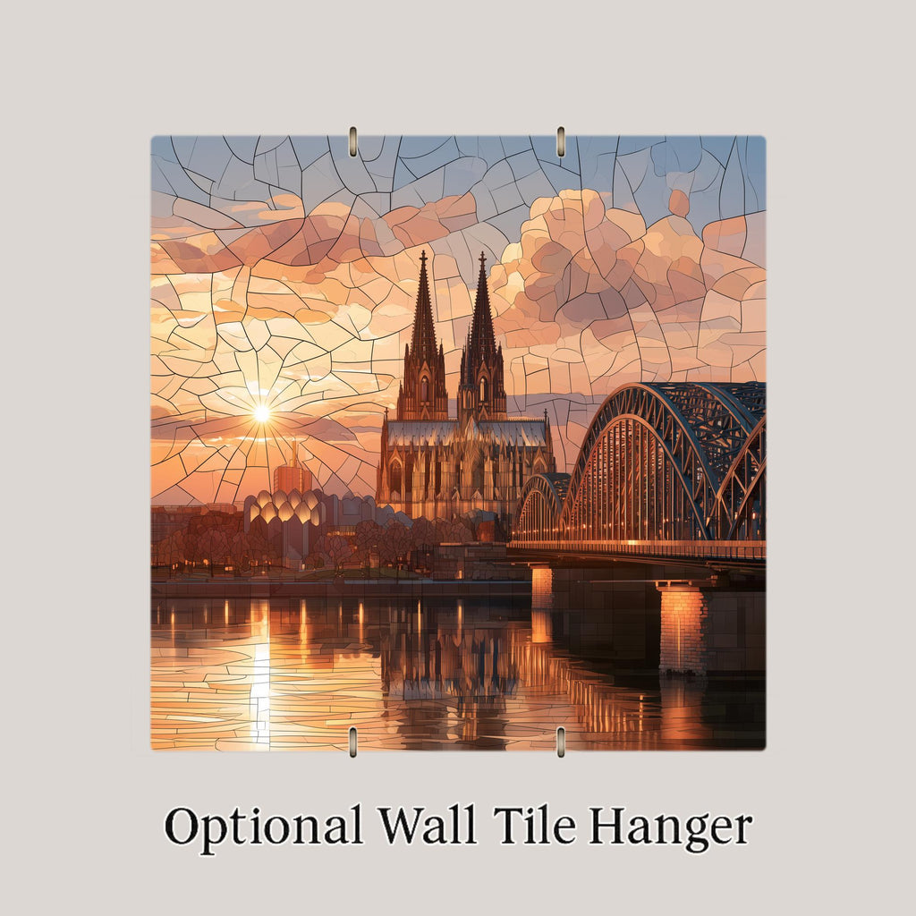 Cologne Cathedral Stained Glass Style Ceramic Art Tile – Rhine River Sunset Wall Decor, Architecture Lover