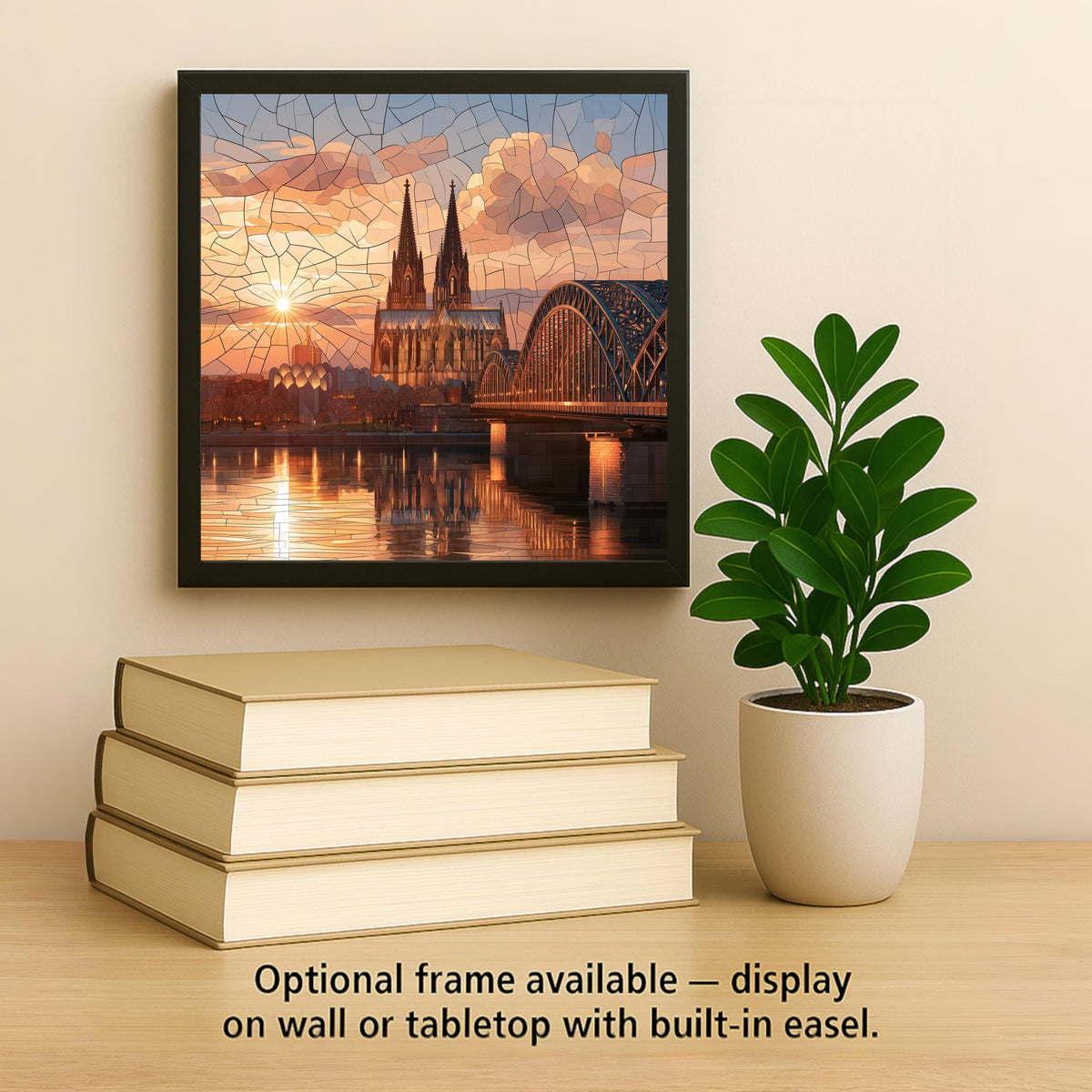 Cologne Cathedral Stained Glass Style Ceramic Art Tile – Rhine River Sunset Wall Decor, Architecture Lover