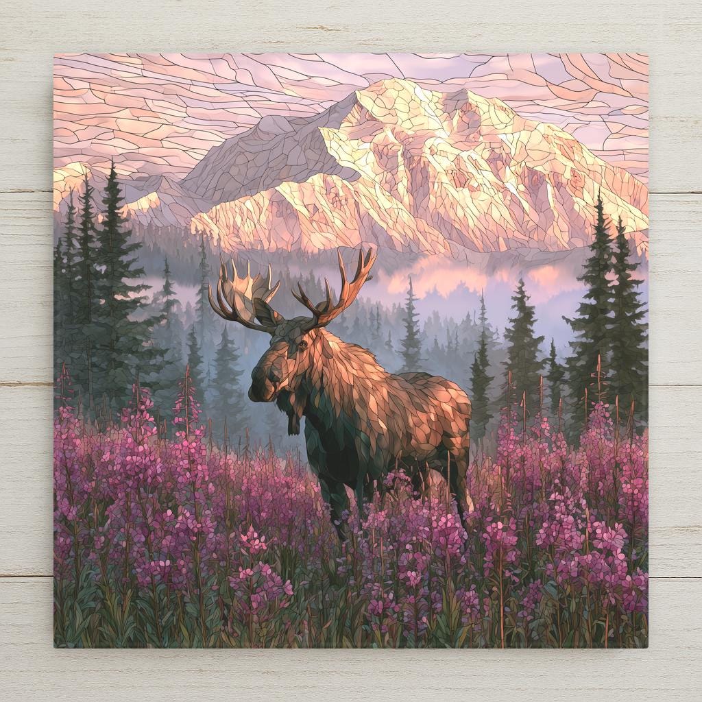 Stained glass style ceramic art tile of a bull moose standing in magenta fireweed wildflowers, misty spruce forest below and the snow-covered dome of Denali glowing at sunset behind him.