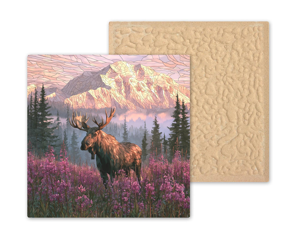 Alaska Moose Stained Glass Style Ceramic Art Tile – Bull Moose in Fireweed Meadow Wall Decor, Alaska Traveler