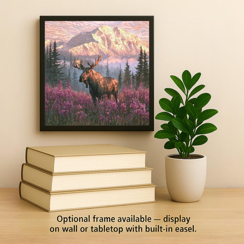Alaska Moose Stained Glass Style Ceramic Art Tile – Bull Moose in Fireweed Meadow Wall Decor, Alaska Traveler