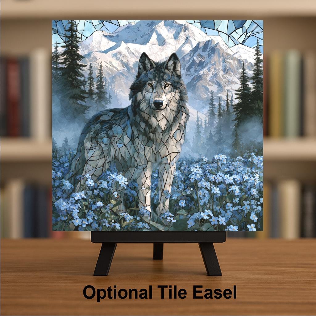 Alaska Wolf Stained Glass Style Ceramic Art Tile – Lone Wolf in Forget Me Not Wildflowers Wall Decor, Wolf Lover