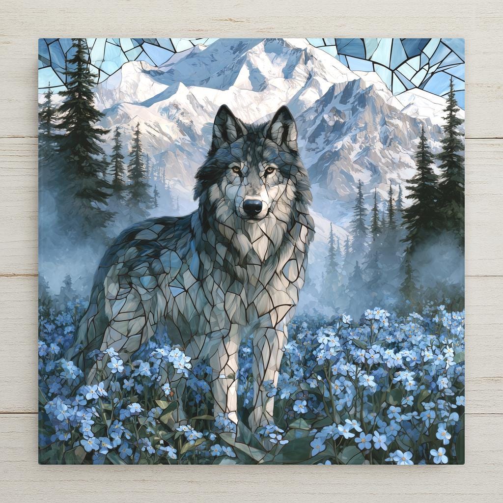 Stained glass style ceramic art tile of a lone gray wolf standing in a meadow of sky blue forget-me-not wildflowers, misty pines and snow-capped Alaska mountains rising behind him.