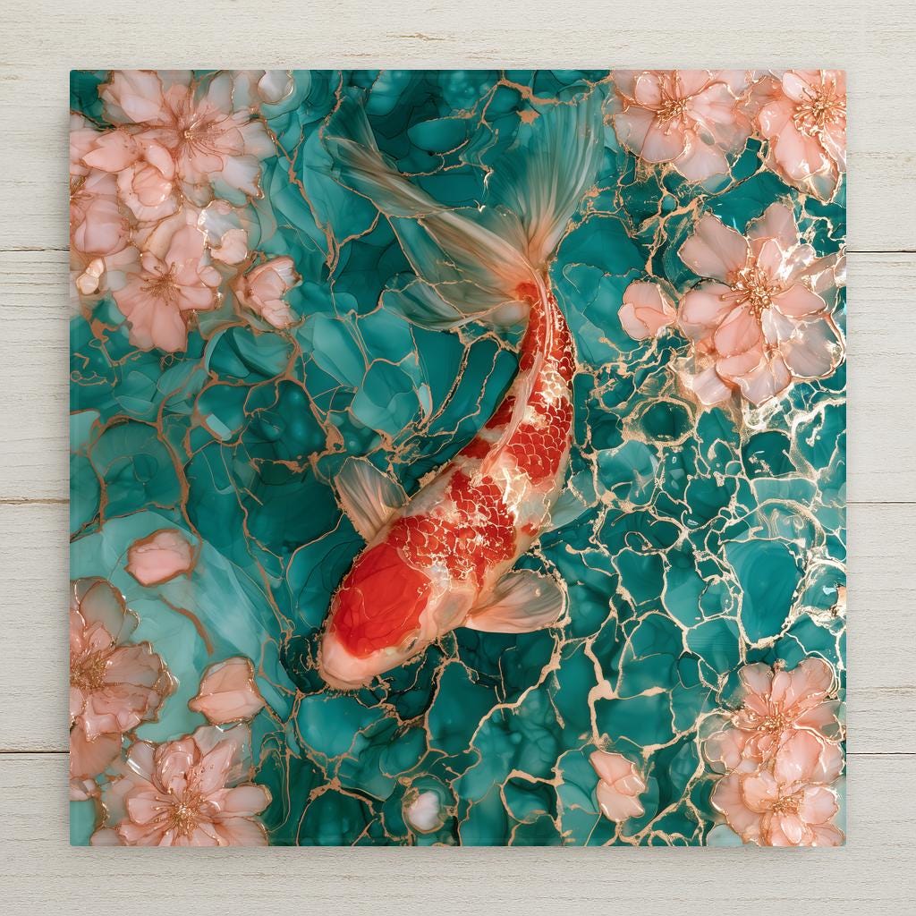 Alcohol ink style ceramic art tile of a red and white koi fish swimming in a teal pond veined with gold, pink cherry blossoms floating around the water's edges.