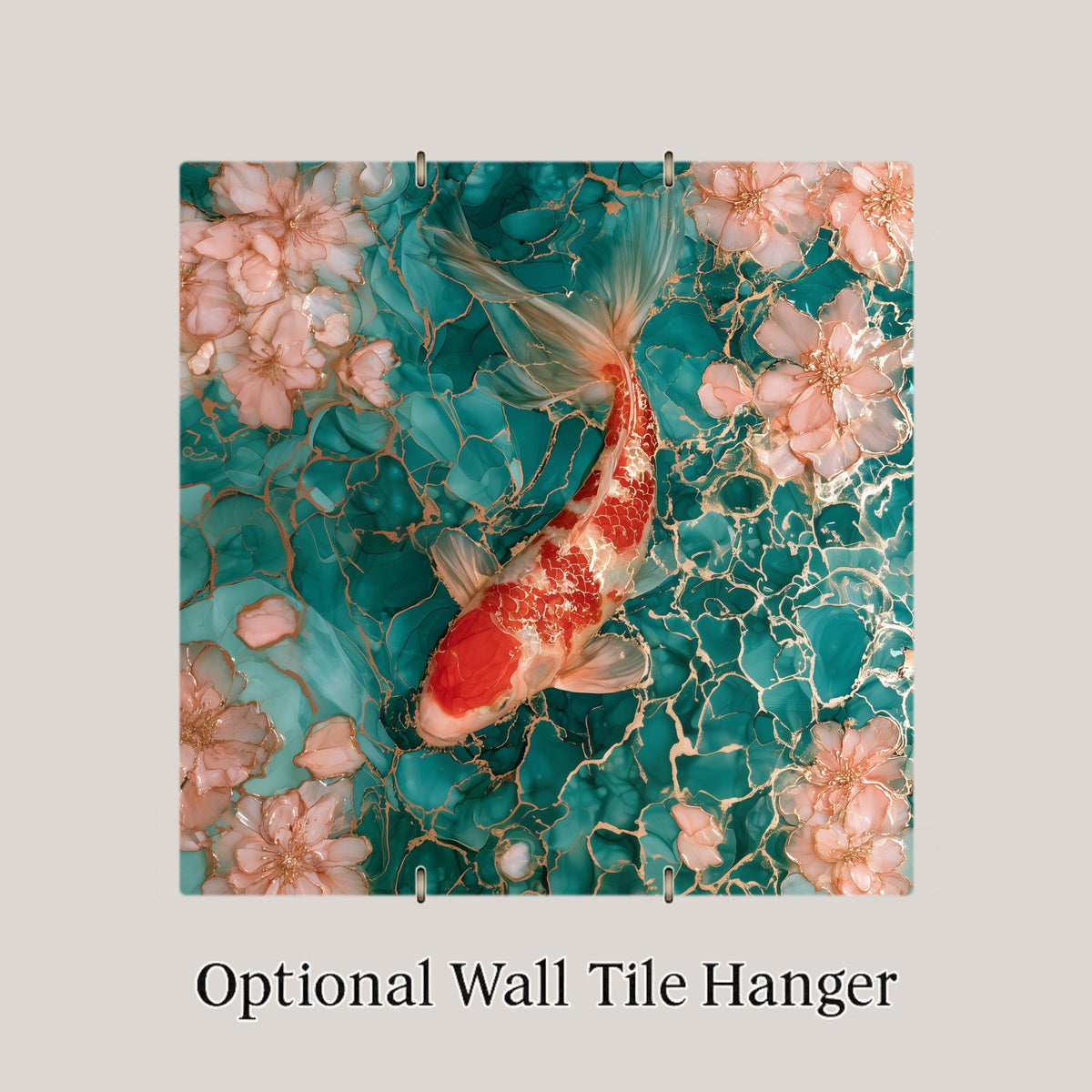 Koi Fish Alcohol Ink Style Ceramic Art Tile – Cherry Blossom Pond in Teal and Gold Wall Decor, Zen Lover