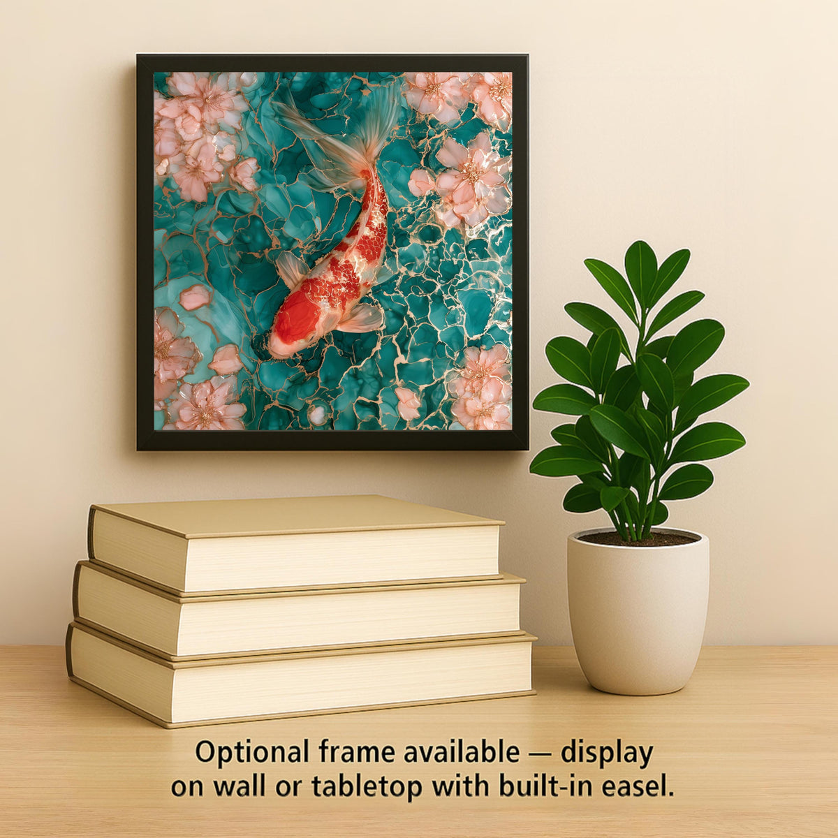 Koi Fish Alcohol Ink Style Ceramic Art Tile – Cherry Blossom Pond in Teal and Gold Wall Decor, Zen Lover