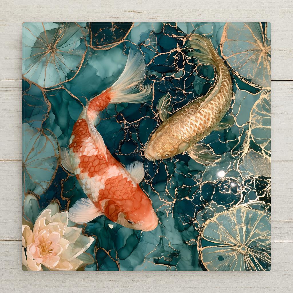 Alcohol ink style ceramic art tile of two koi fish, one orange and white and one gold, circling in a dark teal lily pond with gold veining, water lilies and lotus flowers at the edges.