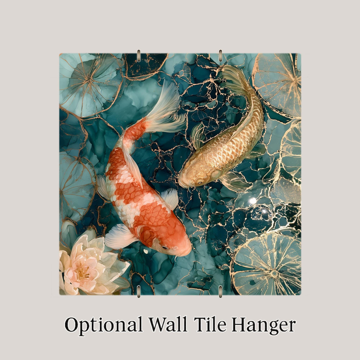 Koi Fish Pair Alcohol Ink Style Ceramic Art Tile – Lily Pond in Teal and Gold Wall Decor, Koi Pond Lover