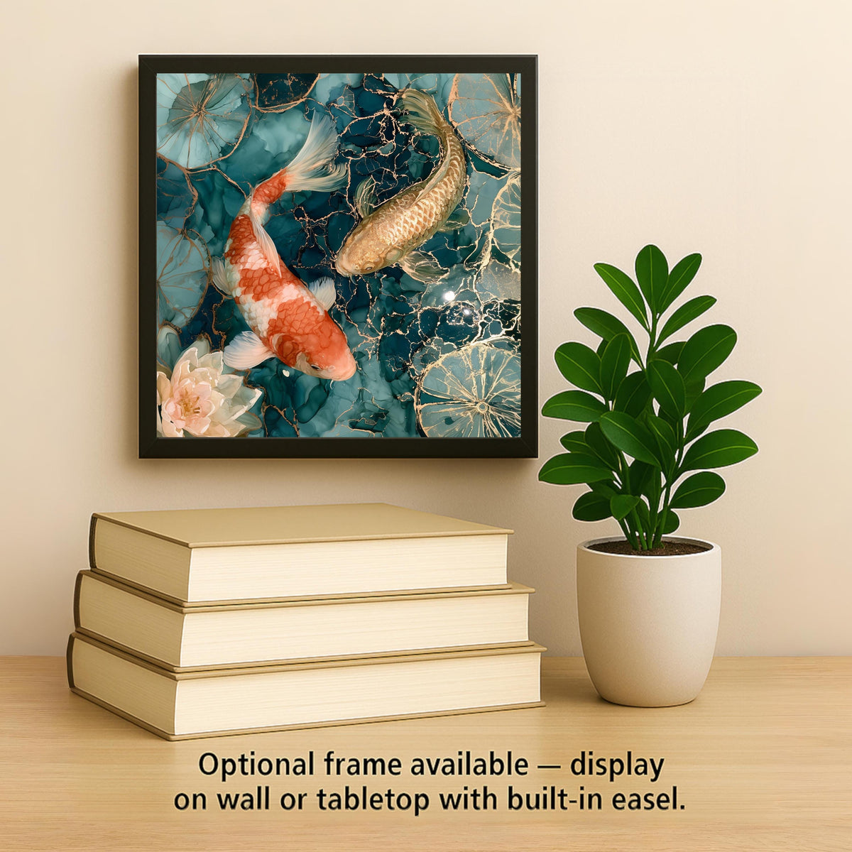 Koi Fish Pair Alcohol Ink Style Ceramic Art Tile – Lily Pond in Teal and Gold Wall Decor, Koi Pond Lover