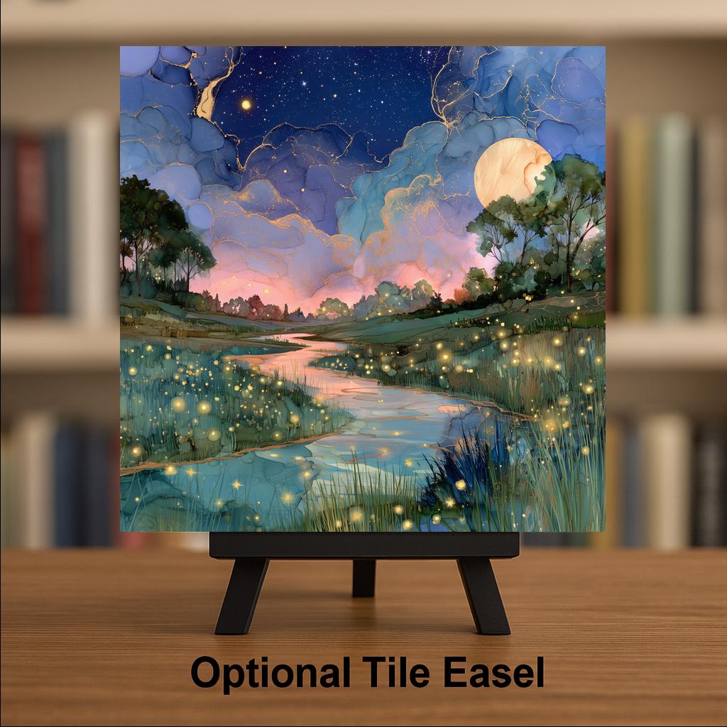 Firefly Meadow Alcohol Ink Style Ceramic Art Tile – Moonlit Creek at Twilight Wall Decor, Nature Lover
