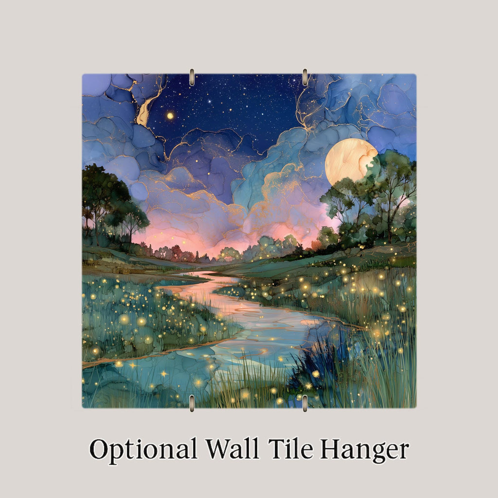 Firefly Meadow Alcohol Ink Style Ceramic Art Tile – Moonlit Creek at Twilight Wall Decor, Nature Lover