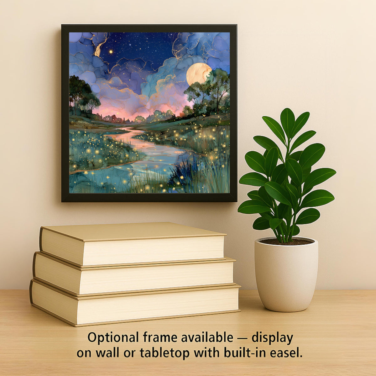 Firefly Meadow Alcohol Ink Style Ceramic Art Tile – Moonlit Creek at Twilight Wall Decor, Nature Lover
