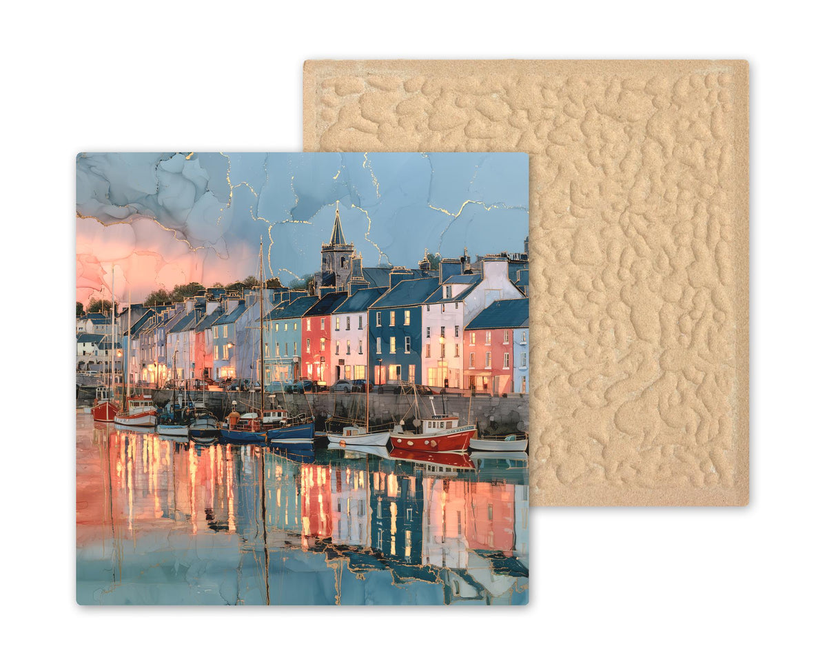 Dingle Harbor Ireland Alcohol Ink Style Ceramic Art Tile – Fishing Village at Dusk Wall Decor, Ireland Traveler