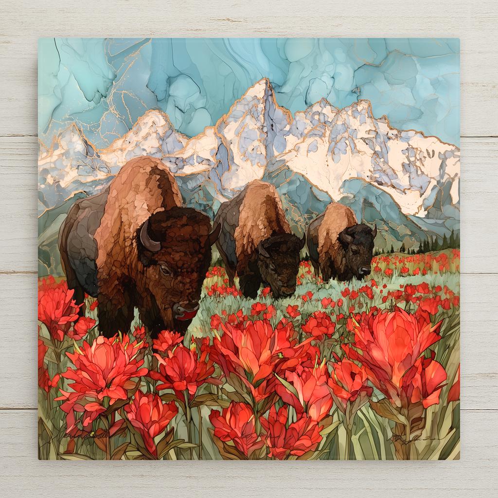 Alcohol ink style ceramic art tile of three bison grazing in a meadow of red Indian paintbrush wildflowers, snow-covered Teton peaks veined with gold under a turquoise sky behind them.