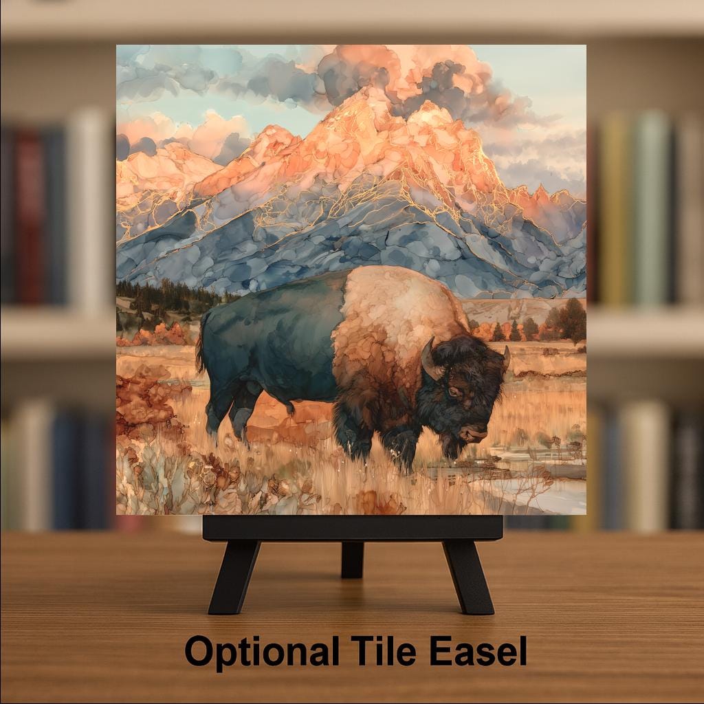 Grand Teton Bison Alcohol Ink Style Ceramic Art Tile – Autumn Buffalo in the Tetons Wall Decor, National Park Lover