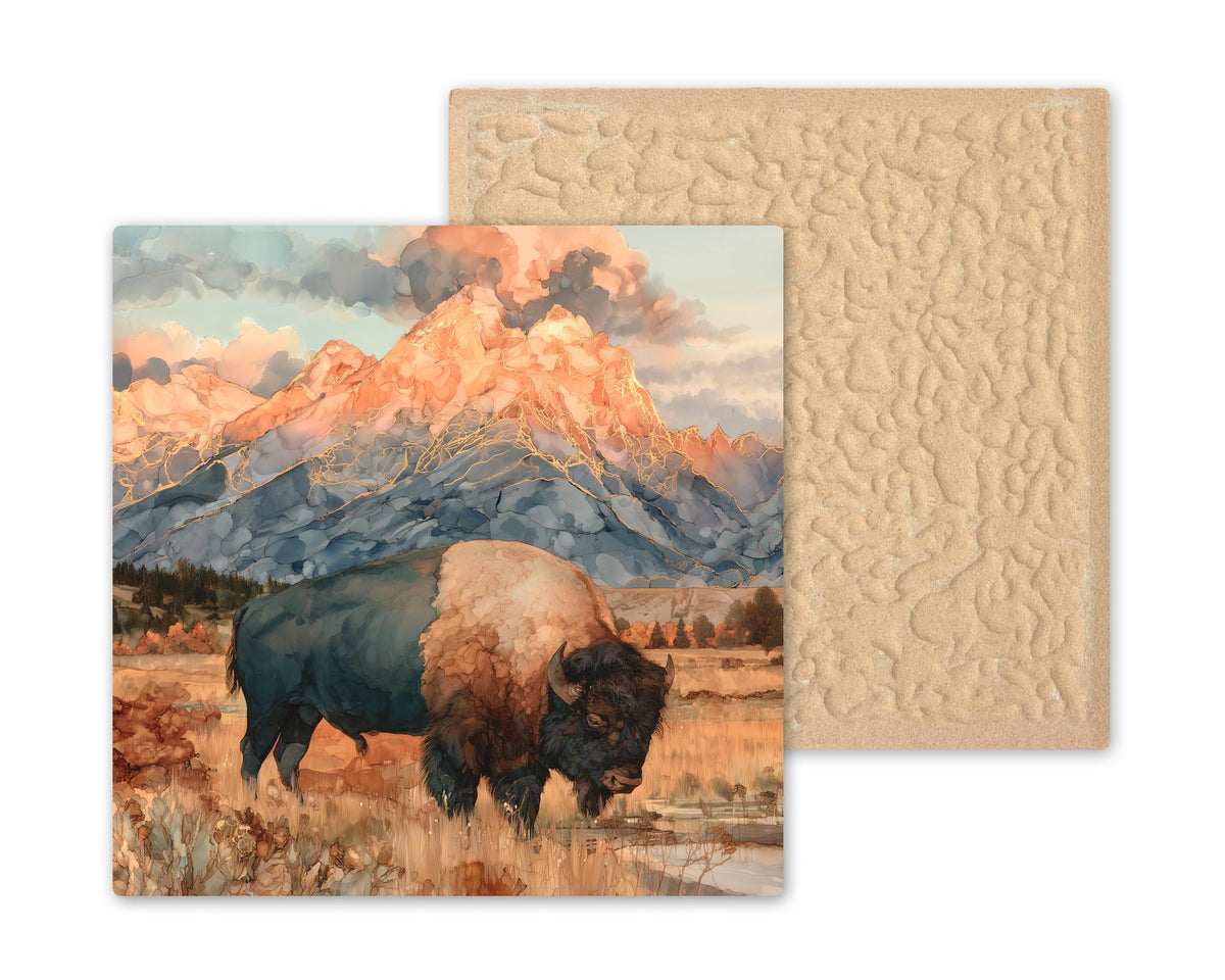 Grand Teton Bison Alcohol Ink Style Ceramic Art Tile – Autumn Buffalo in the Tetons Wall Decor, National Park Lover