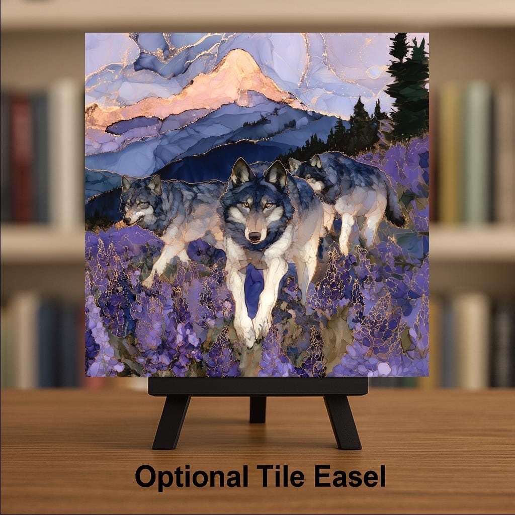 Wolf Pack Alcohol Ink Style Ceramic Art Tile – Lupine Wildflower Meadow at Dusk Wall Decor, Wildlife Lover