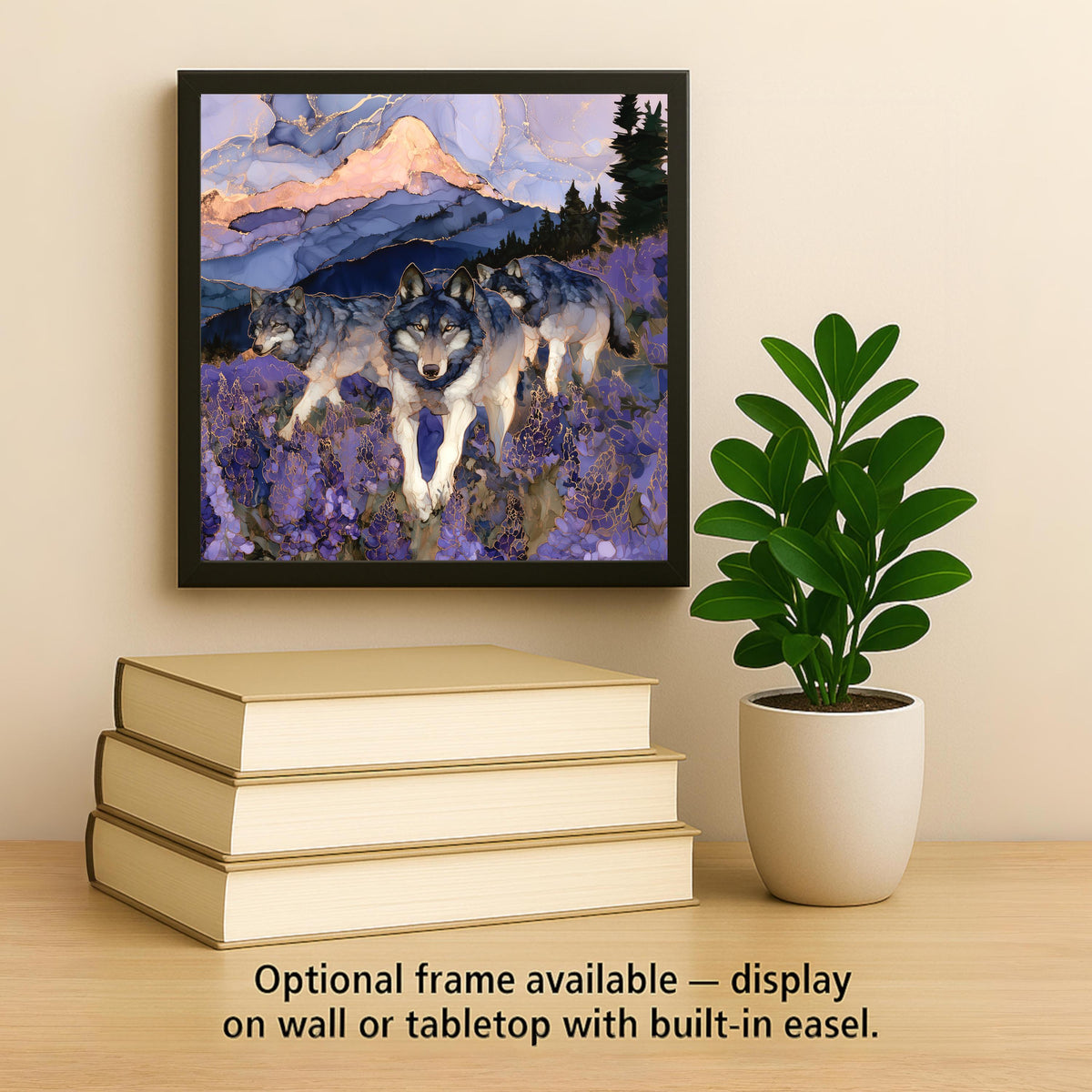 Wolf Pack Alcohol Ink Style Ceramic Art Tile – Lupine Wildflower Meadow at Dusk Wall Decor, Wildlife Lover