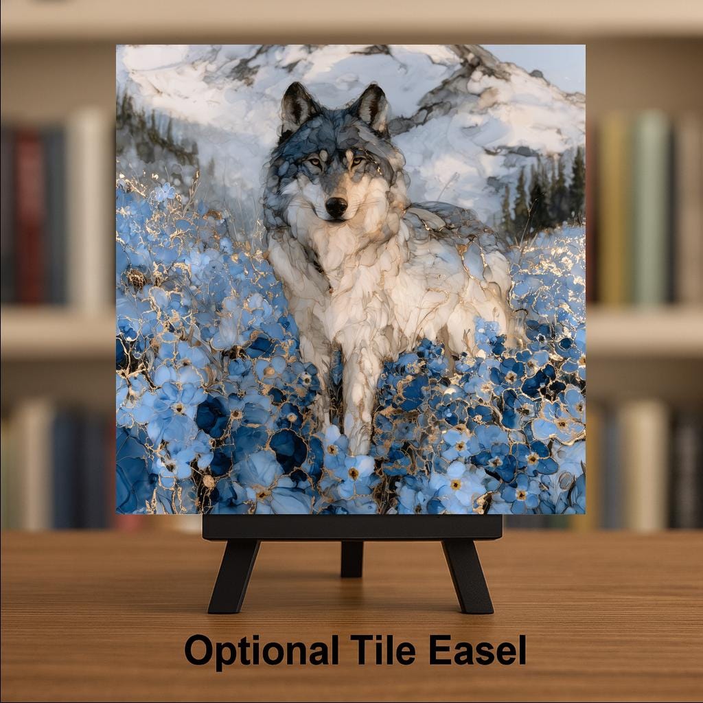 Alaska Wolf Alcohol Ink Style Ceramic Art Tile – Lone Wolf in Forget Me Not Wildflowers Wall Decor, Wolf Lover