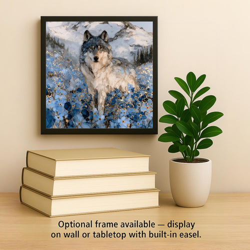 Alaska Wolf Alcohol Ink Style Ceramic Art Tile – Lone Wolf in Forget Me Not Wildflowers Wall Decor, Wolf Lover