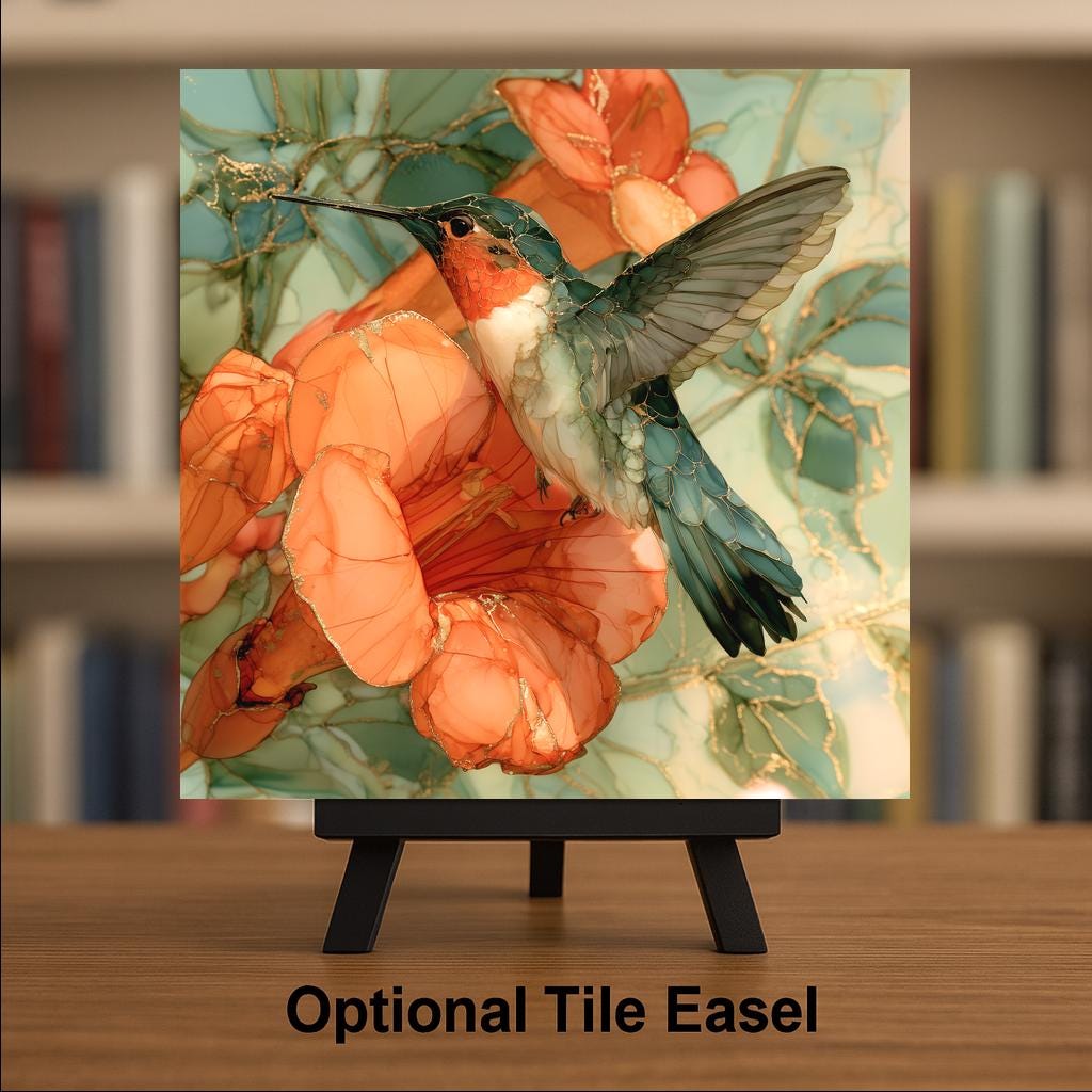 Hummingbird Alcohol Ink Style Ceramic Art Tile – Trumpet Vine Blossom in Coral and Gold Wall Decor, Garden Lover