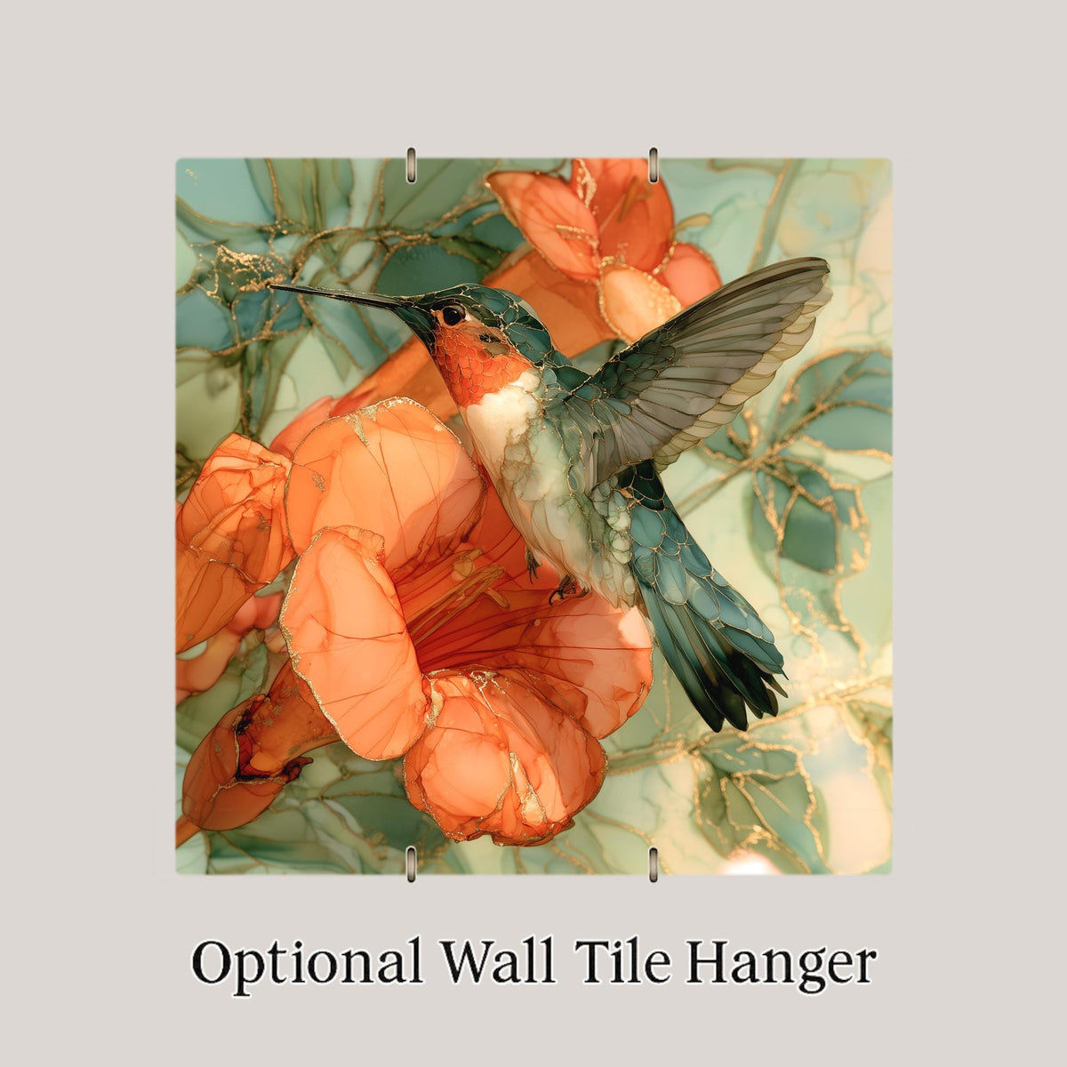 Hummingbird Alcohol Ink Style Ceramic Art Tile – Trumpet Vine Blossom in Coral and Gold Wall Decor, Garden Lover