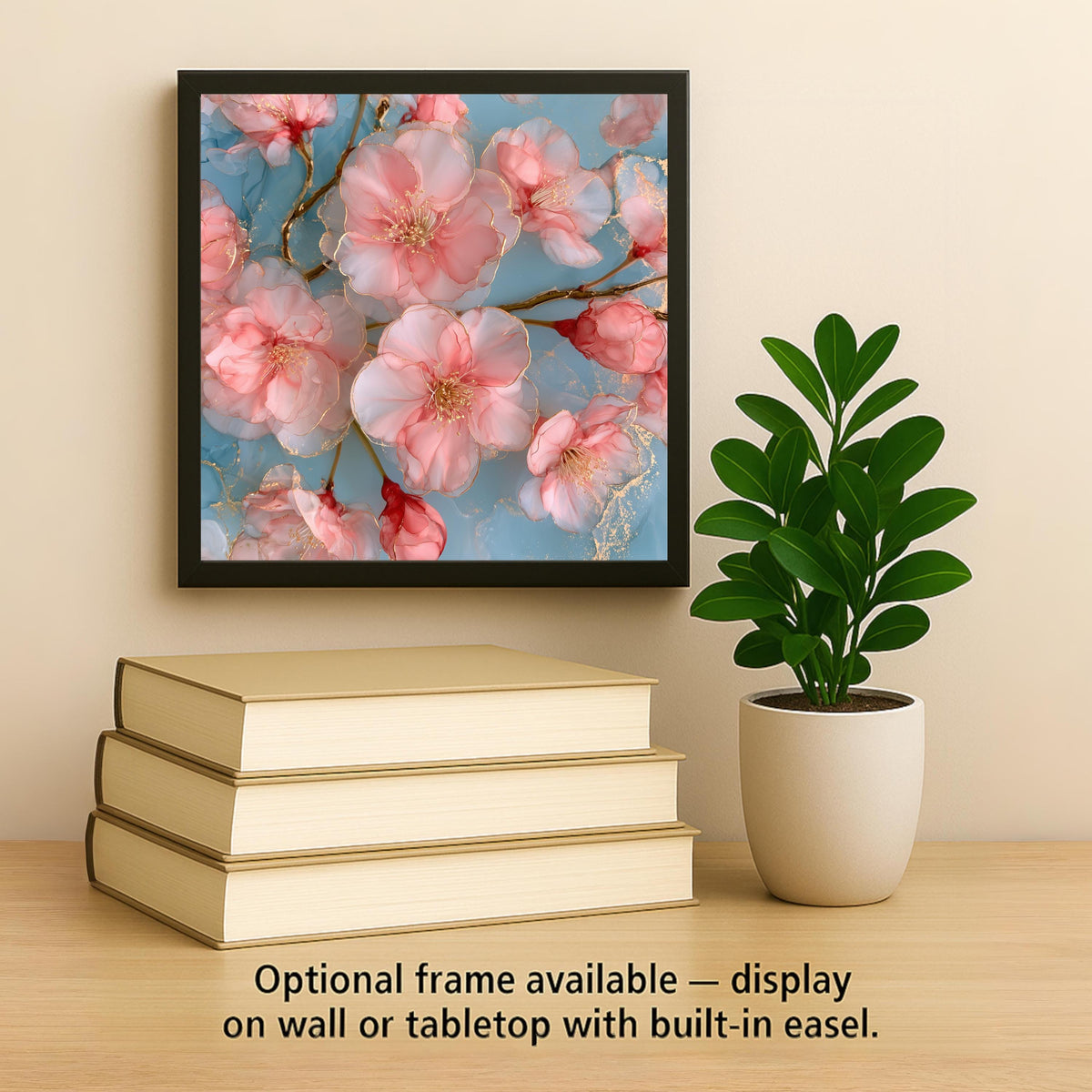 Cherry Blossom Alcohol Ink Style Ceramic Art Tile – Sakura Branch in Pink and Gold Wall Decor, Spring Lover