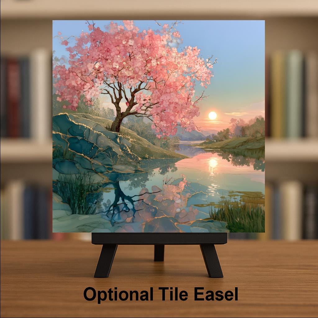 Cherry Blossom Tree Alcohol Ink Style Ceramic Art Tile – Golden Hour Pond Reflection Wall Decor, Sakura Lover