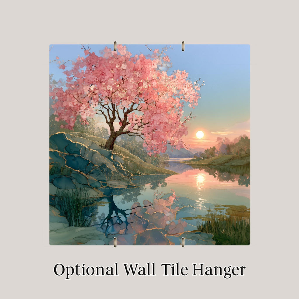 Cherry Blossom Tree Alcohol Ink Style Ceramic Art Tile – Golden Hour Pond Reflection Wall Decor, Sakura Lover