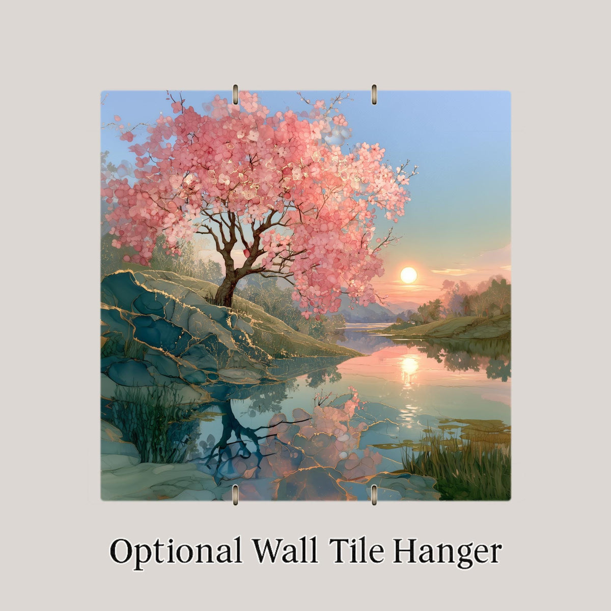 Cherry Blossom Tree Alcohol Ink Style Ceramic Art Tile – Golden Hour Pond Reflection Wall Decor, Sakura Lover