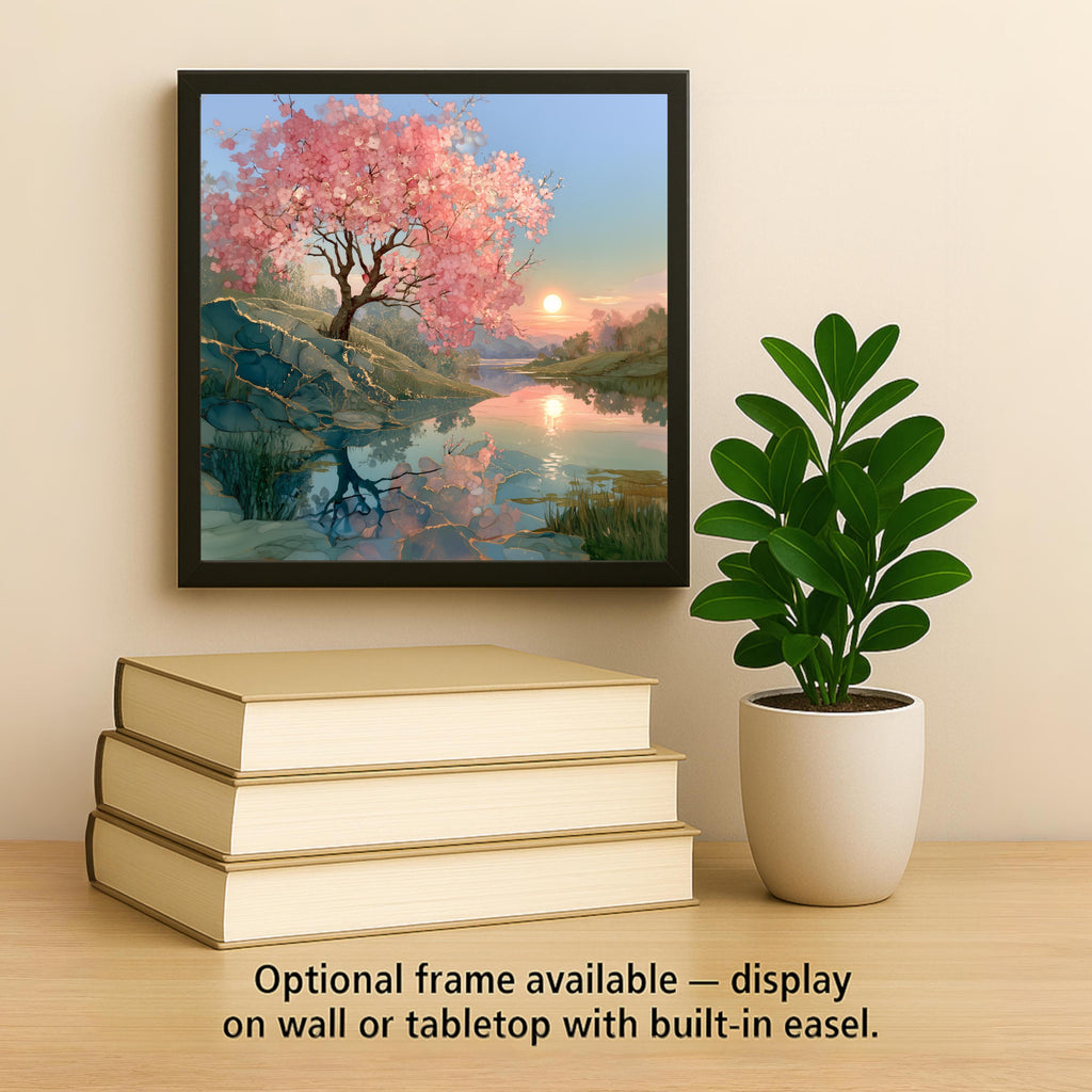 Cherry Blossom Tree Alcohol Ink Style Ceramic Art Tile – Golden Hour Pond Reflection Wall Decor, Sakura Lover