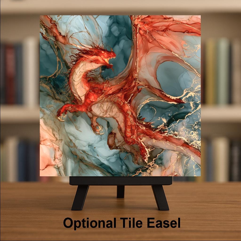 Red Dragon Alcohol Ink Style Ceramic Art Tile – Fiery Dragon in Flight Wall Decor, Fantasy Lover