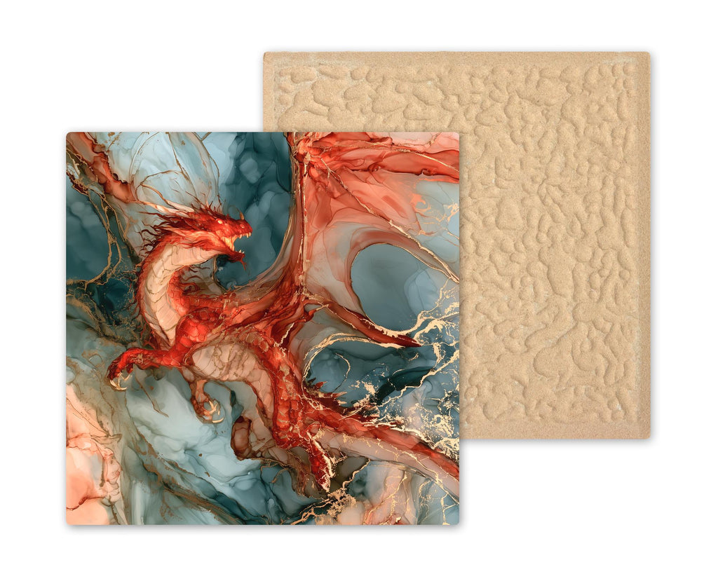 Red Dragon Alcohol Ink Style Ceramic Art Tile – Fiery Dragon in Flight Wall Decor, Fantasy Lover