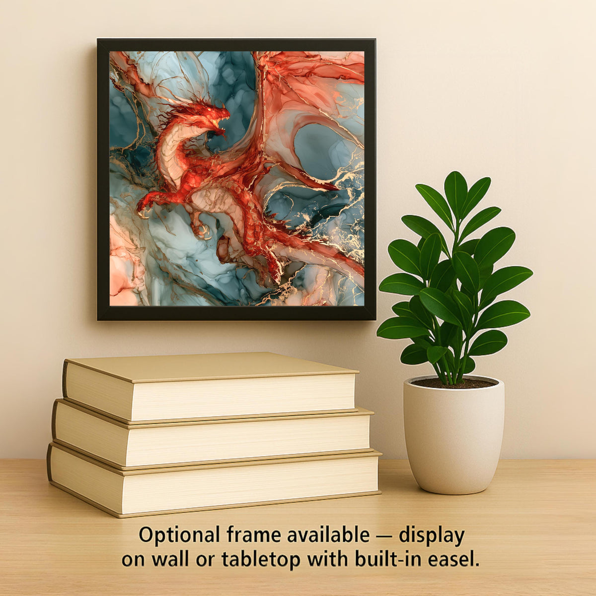 Red Dragon Alcohol Ink Style Ceramic Art Tile – Fiery Dragon in Flight Wall Decor, Fantasy Lover