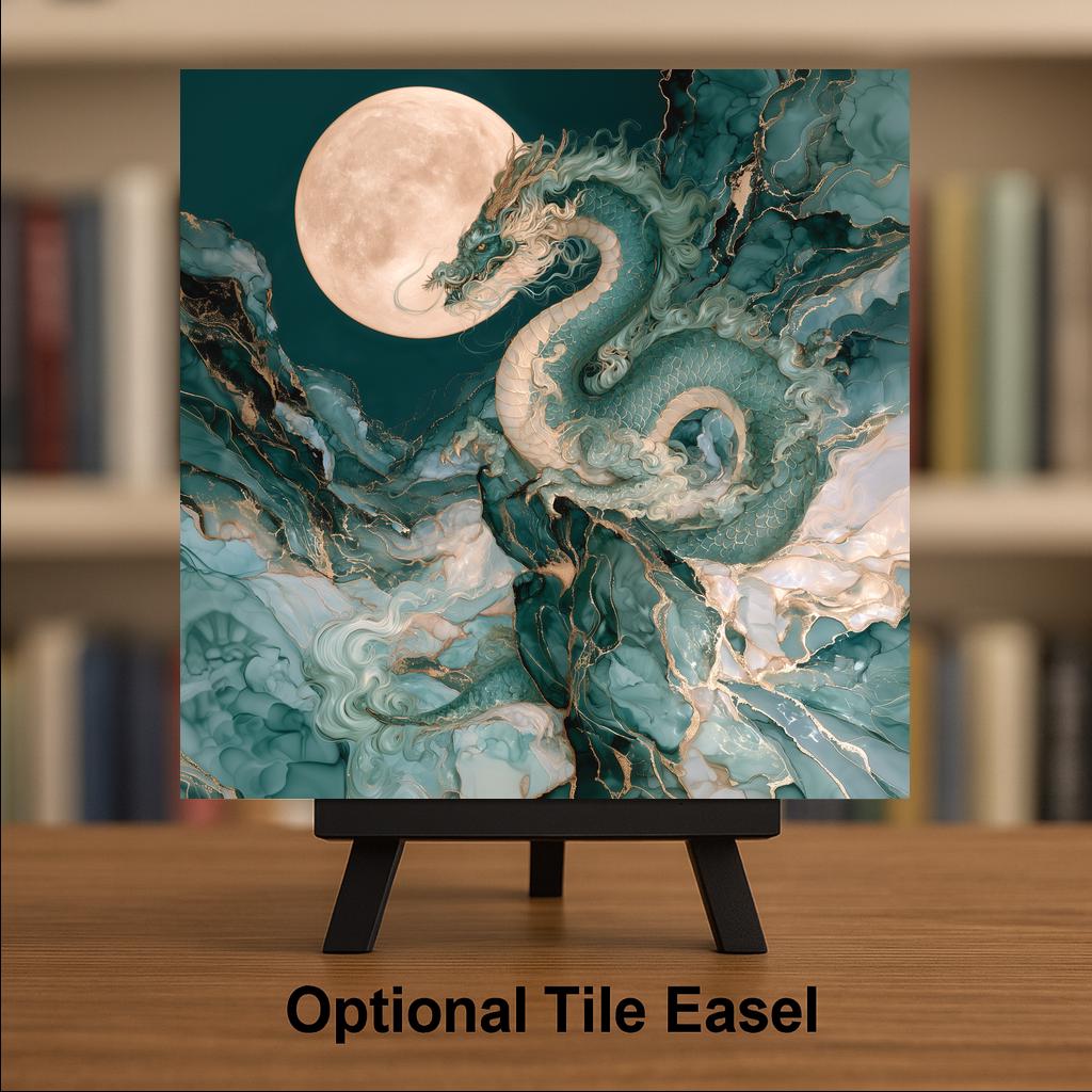 Jade Dragon Alcohol Ink Style Ceramic Art Tile – Full Moon in Teal and Gold Wall Decor, Dragon Lover