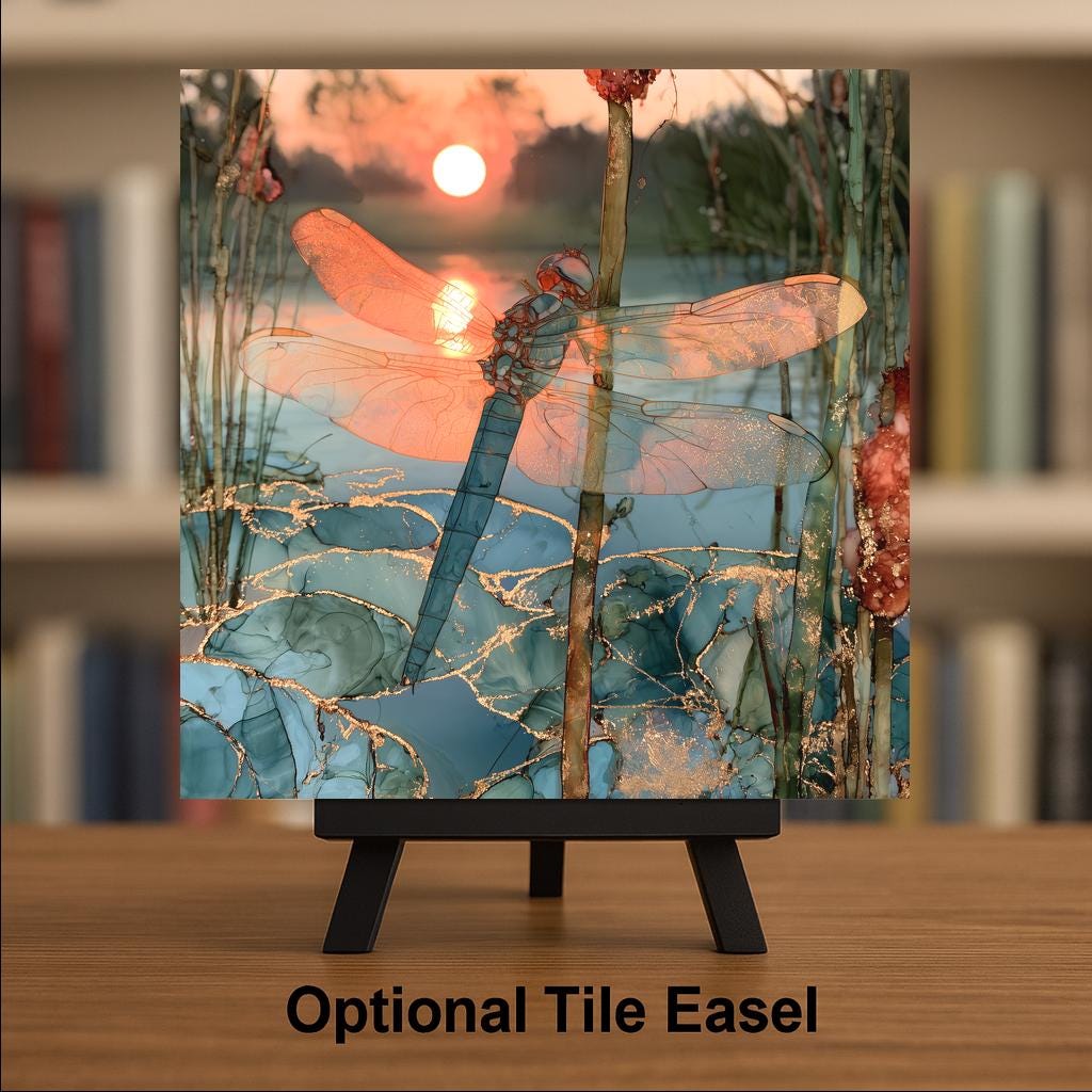 Dragonfly Alcohol Ink Style Ceramic Art Tile – Sunset Pond and Cattails Wall Decor, Nature Lover