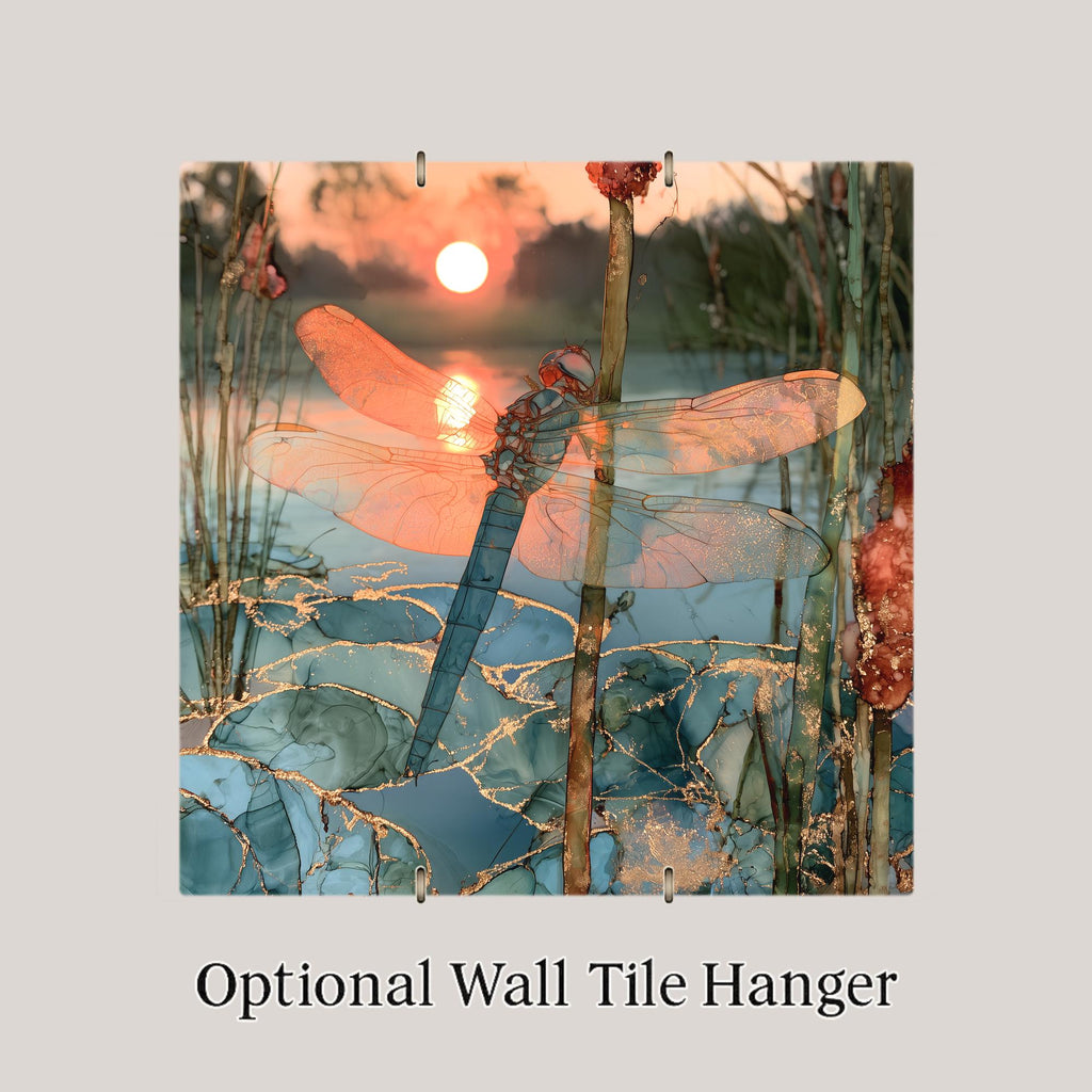 Dragonfly Alcohol Ink Style Ceramic Art Tile – Sunset Pond and Cattails Wall Decor, Nature Lover
