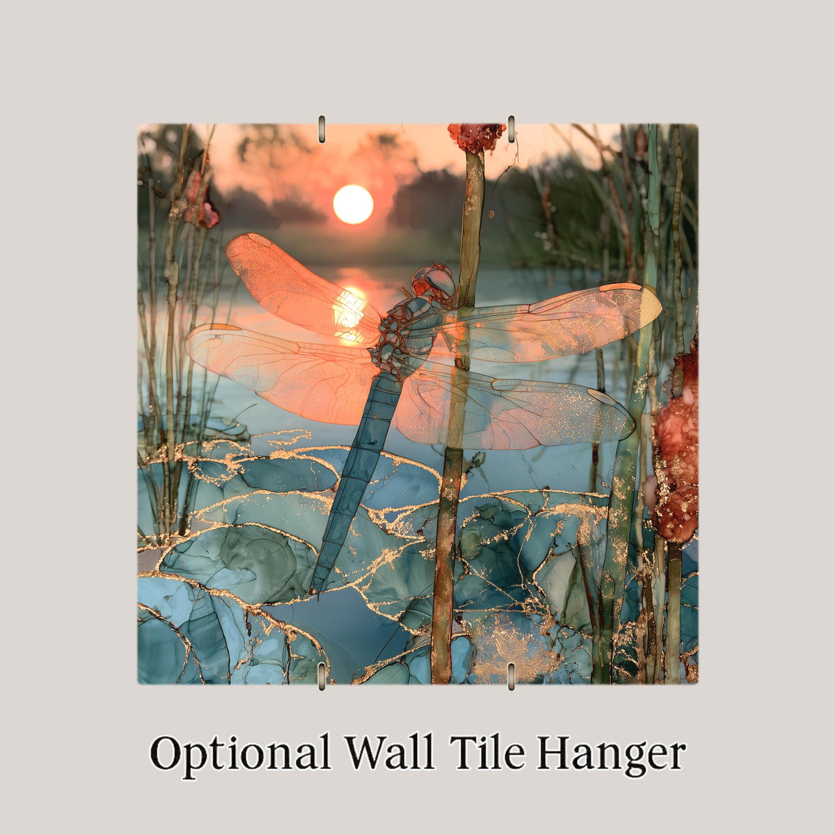 Dragonfly Alcohol Ink Style Ceramic Art Tile – Sunset Pond and Cattails Wall Decor, Nature Lover