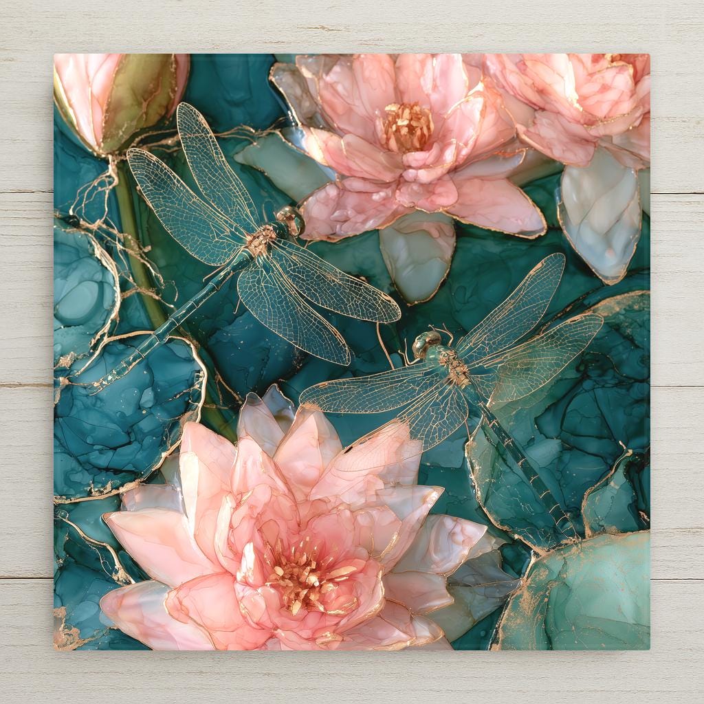 Alcohol ink style ceramic art tile of two teal dragonflies with gold filigree wings over pink water lilies and gold-veined teal pond water, petals edged in gilding.