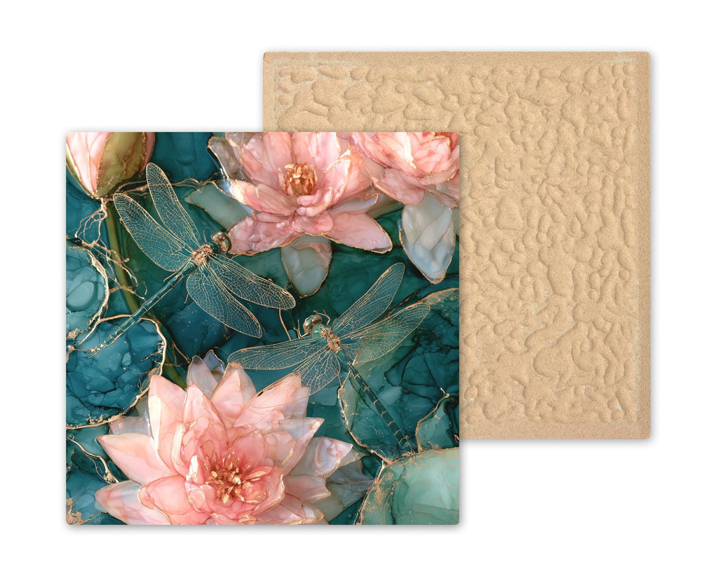 Dragonfly Pair Alcohol Ink Style Ceramic Art Tile – Water Lily Pond in Teal and Gold Wall Decor, Pond Lover