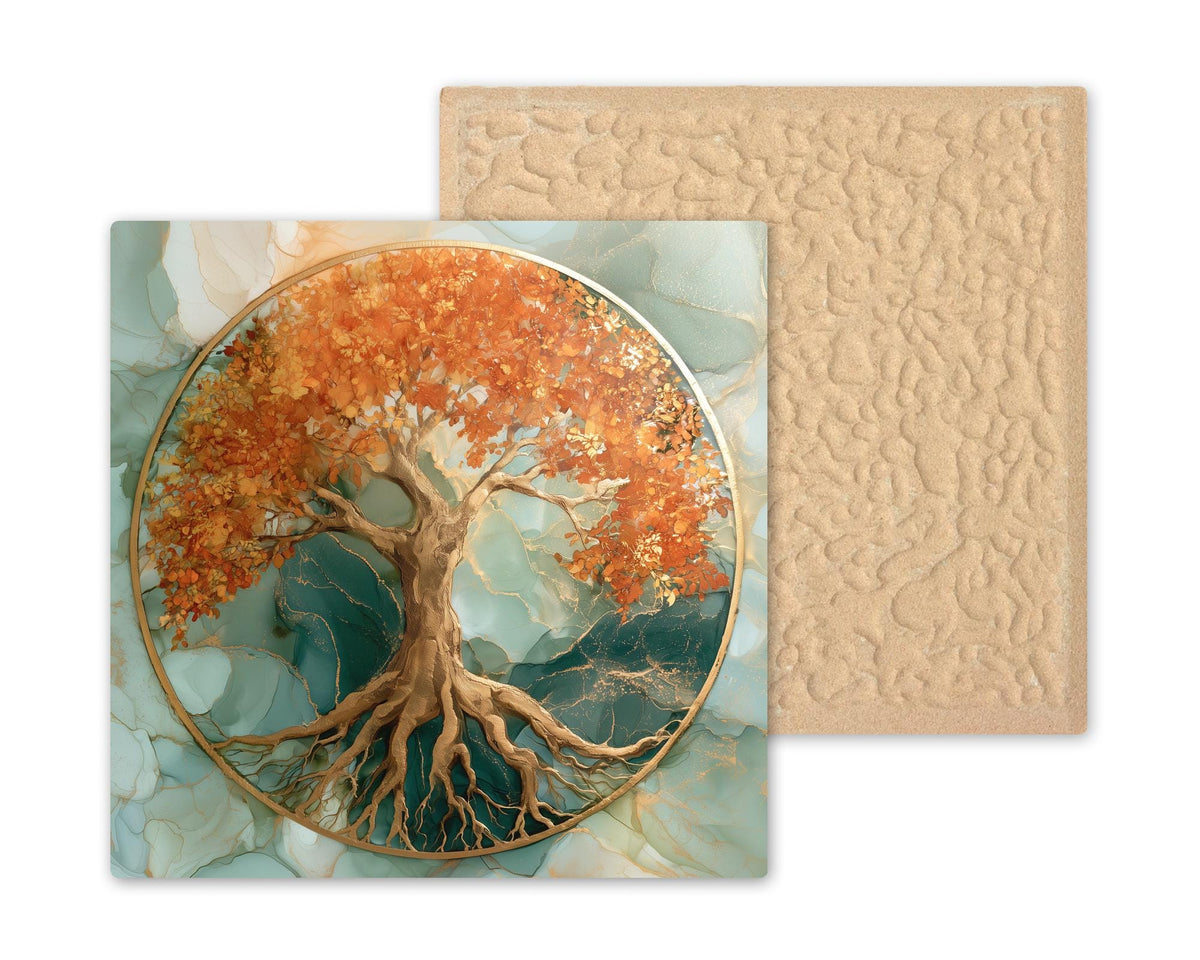 Tree of Life Alcohol Ink Style Ceramic Art Tile – Golden Autumn Circle of Life Wall Decor, Spiritual Art Lover