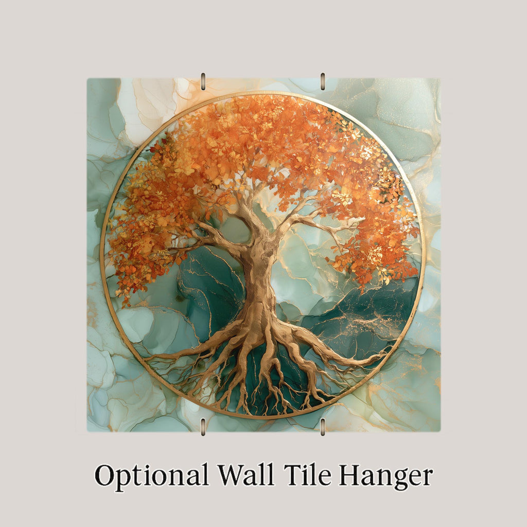Tree of Life Alcohol Ink Style Ceramic Art Tile – Golden Autumn Circle of Life Wall Decor, Spiritual Art Lover