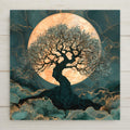Alcohol ink style ceramic art tile of a tree of life with Celtic knotwork woven trunk silhouetted against a large peach full moon, teal ink sky and rocks veined with gold.